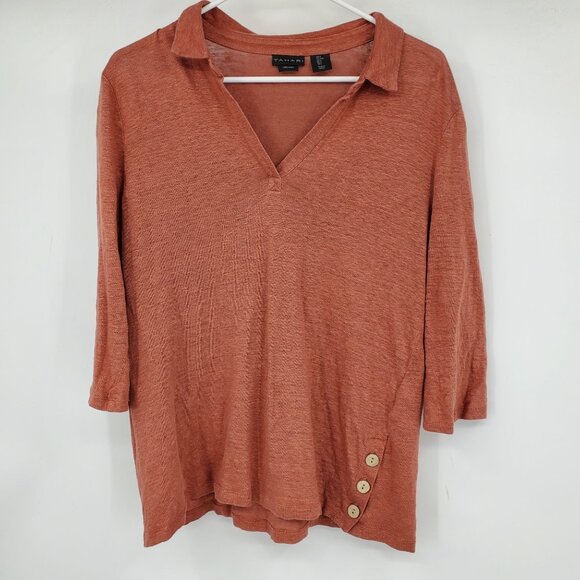 Tahari 100% Linen Slub V Neck Popover Button Accent Burnt Orange Shirt Large - Picture 1 of 8